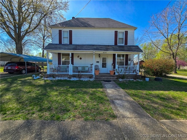 207 S Maple St, Versailles, MO 65084 - view of front of house featuring covered porch, a carport, and a front lawn