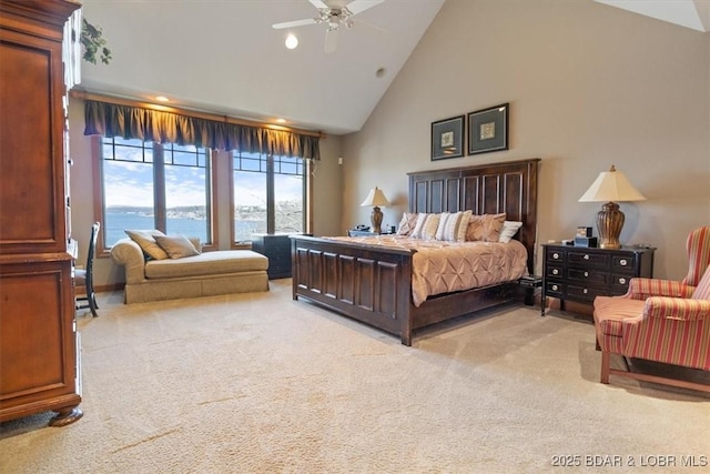 406 N Point Dr, Camdenton, MO 65020 - bedroom featuring light carpet, high vaulted ceiling, recessed lighting, a water view, and a ceiling fan