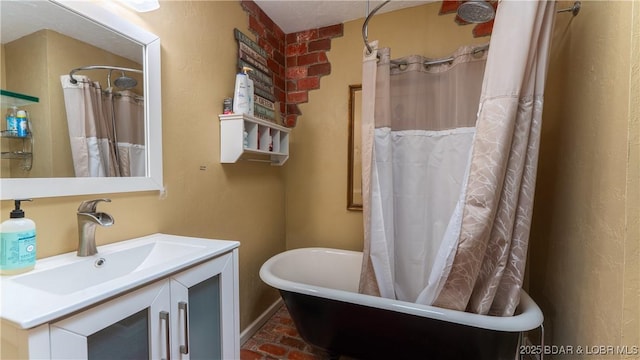 full bathroom with curtained shower, a soaking tub, and vanity