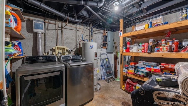 unfinished below grade area featuring electric water heater and washer and clothes dryer