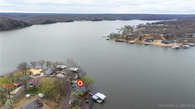 aerial view featuring a water view