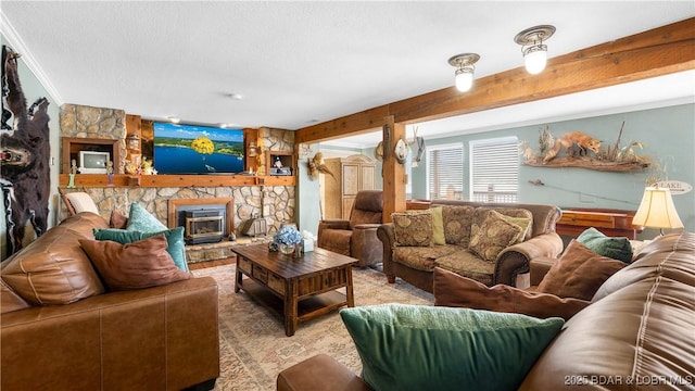 living area with a textured ceiling and beamed ceiling