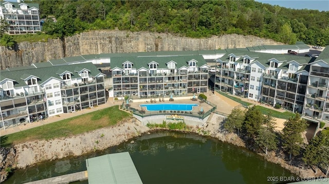 drone / aerial view featuring a water view