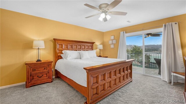 364 Cedar Heights Dr Unit 2B, Camdenton, MO 65020 - bedroom featuring access to outside, light colored carpet, and ceiling fan