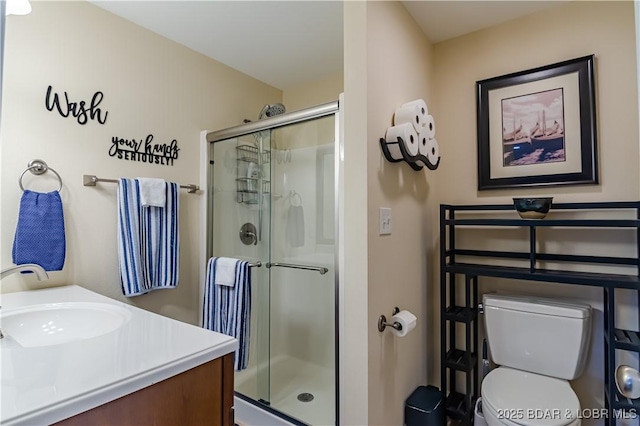 full bath with a shower stall, toilet, and vanity