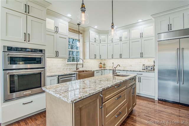 kitchen with appliances with stainless steel finishes, a sink, dark wood-type flooring, glass insert cabinets, and recessed lighting