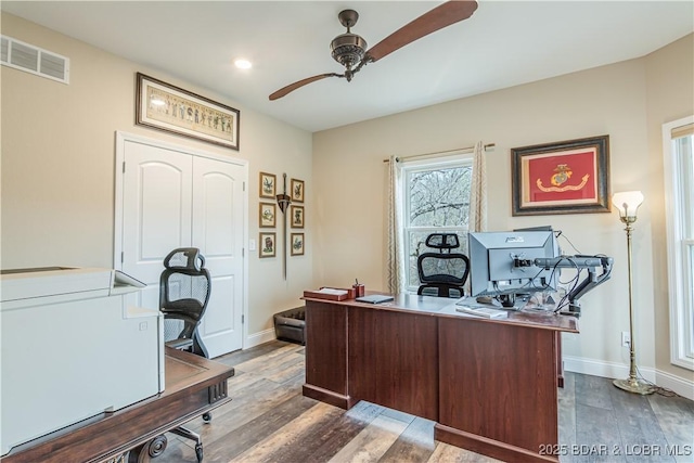office with ceiling fan, dark wood-style floors, baseboards, and recessed lighting