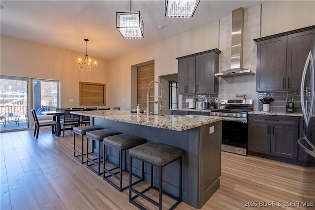 613 Cove Cir, Sunrise Beach, MO 65079 - kitchen featuring wall chimney exhaust hood, stainless steel range oven, a chandelier, decorative backsplash, and light wood finished floors