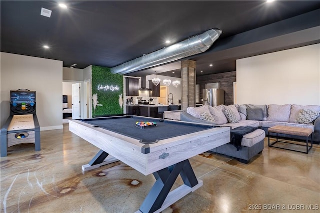 613 Cove Cir, Sunrise Beach, MO 65079 - game room with concrete flooring, billiards, baseboards, and recessed lighting