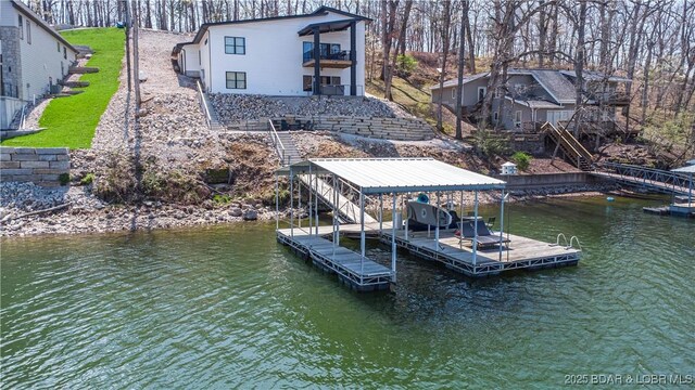 613 Cove Cir, Sunrise Beach, MO 65079 - dock featuring stairs, a water view, and a balcony