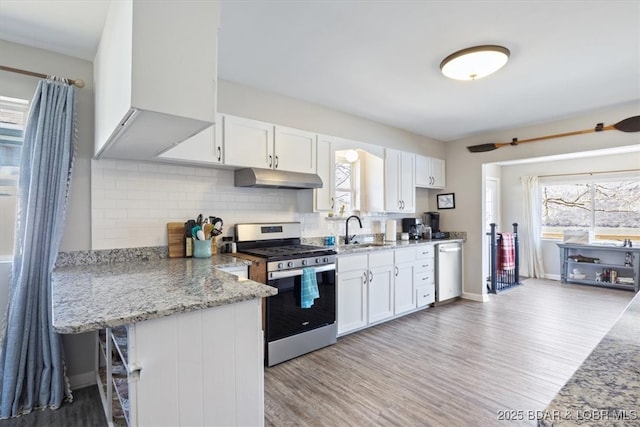 34524 Ivy Bend Rd, Stover, MO 65078 - kitchen featuring appliances with stainless steel finishes, under cabinet range hood, a sink, and light wood-style flooring