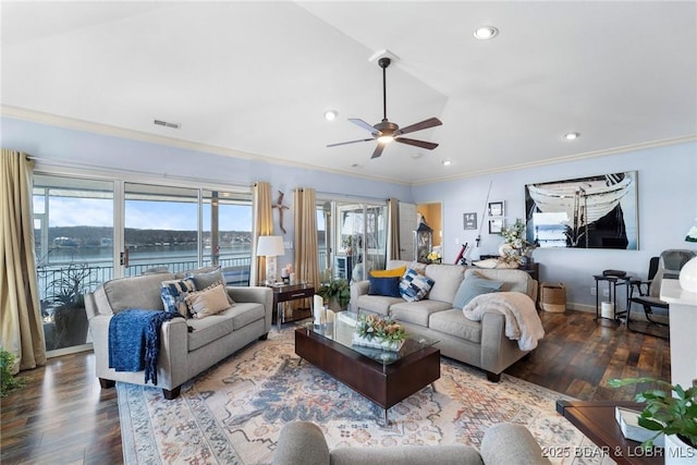 248 Palisades Condo Dr Unit 4A, Lake Ozark, MO 65049 - living room featuring wood finished floors, ceiling fan, ornamental molding, recessed lighting, and a water view
