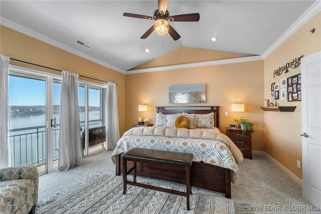 248 Palisades Condo Dr Unit 4A, Lake Ozark, MO 65049 - carpeted bedroom featuring access to outside, vaulted ceiling, ornamental molding, recessed lighting, and a ceiling fan