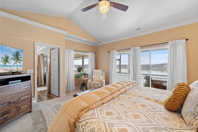 248 Palisades Condo Dr Unit 4A, Lake Ozark, MO 65049 - bedroom with vaulted ceiling, access to exterior, ornamental molding, ceiling fan, and ensuite bath