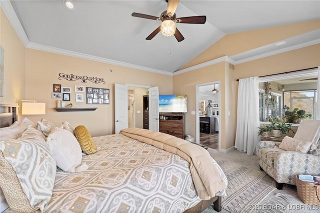 248 Palisades Condo Dr Unit 4A, Lake Ozark, MO 65049 - bedroom featuring lofted ceiling, access to outside, carpet flooring, ornamental molding, and a ceiling fan