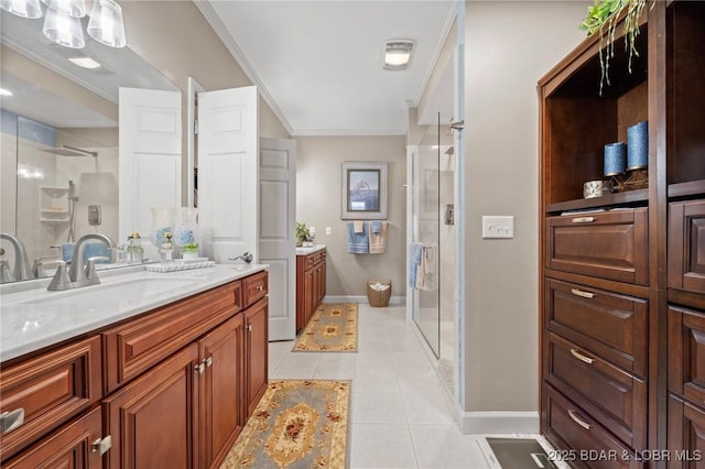 248 Palisades Condo Dr Unit 4A, Lake Ozark, MO 65049 - full bath featuring vanity, a shower stall, tile patterned floors, and ornamental molding
