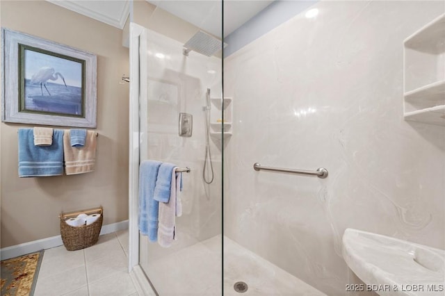 248 Palisades Condo Dr Unit 4A, Lake Ozark, MO 65049 - bathroom featuring a marble finish shower, tile patterned flooring, and ornamental molding