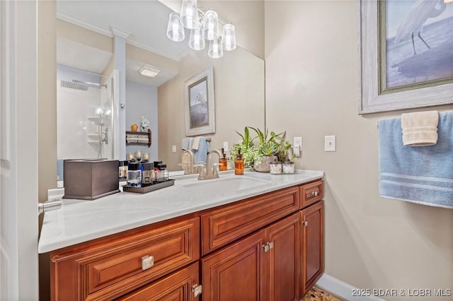 248 Palisades Condo Dr Unit 4A, Lake Ozark, MO 65049 - bathroom featuring vanity, a chandelier, ornamental molding, and a shower