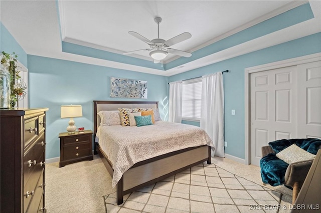 248 Palisades Condo Dr Unit 4A, Lake Ozark, MO 65049 - bedroom with a raised ceiling, light carpet, a closet, and ceiling fan
