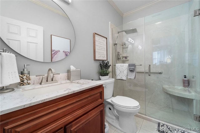 248 Palisades Condo Dr Unit 4A, Lake Ozark, MO 65049 - bathroom with ornamental molding, tile patterned flooring, a shower stall, and vanity
