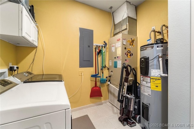 248 Palisades Condo Dr Unit 4A, Lake Ozark, MO 65049 - laundry room featuring washer and clothes dryer, water heater, cabinet space, electric panel, and light tile patterned floors