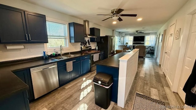 kitchen featuring light wood-style floors, ceiling fan, a sink, and stainless steel appliances