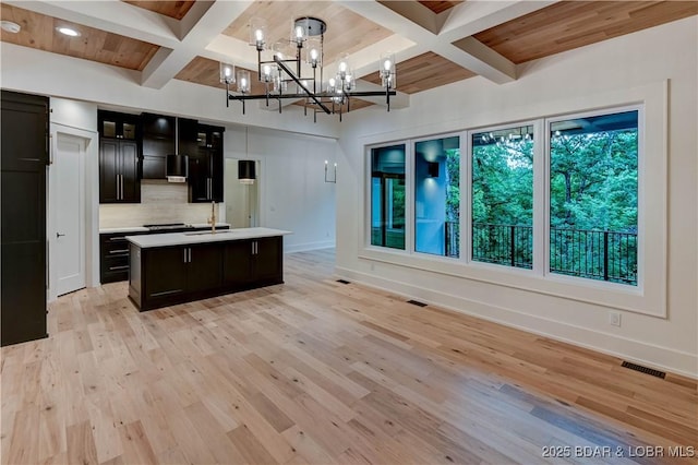 320 Via Appia Dr, Sunrise Beach, MO 65079 - kitchen with a chandelier, baseboards, a sink, decorative backsplash, and coffered ceiling