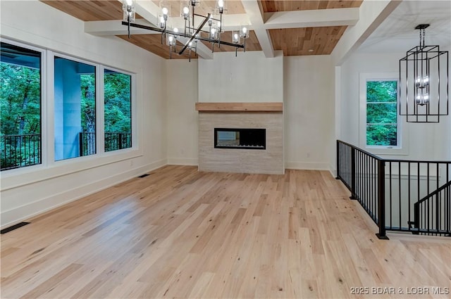 320 Via Appia Dr, Sunrise Beach, MO 65079 - unfurnished living room featuring a chandelier, wood finished floors, baseboards, and wood ceiling with exposed beams