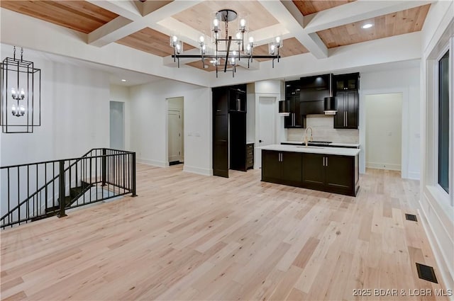 320 Via Appia Dr, Sunrise Beach, MO 65079 - kitchen with a chandelier, light countertops, light wood-style floors, beamed ceiling, and tasteful backsplash