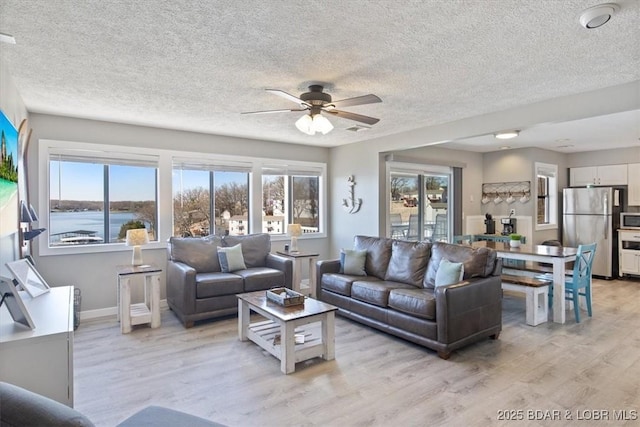 1117 Passover Rd Unit K6, Osage Beach, MO 65065 - living area with light wood finished floors, healthy amount of natural light, a textured ceiling, a ceiling fan, and baseboards