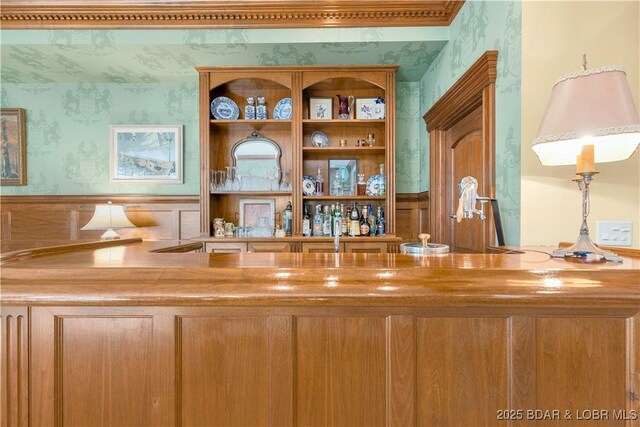 indoor bar with wallpapered walls