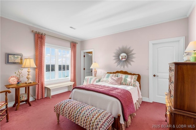 carpeted bedroom with crown molding and baseboards