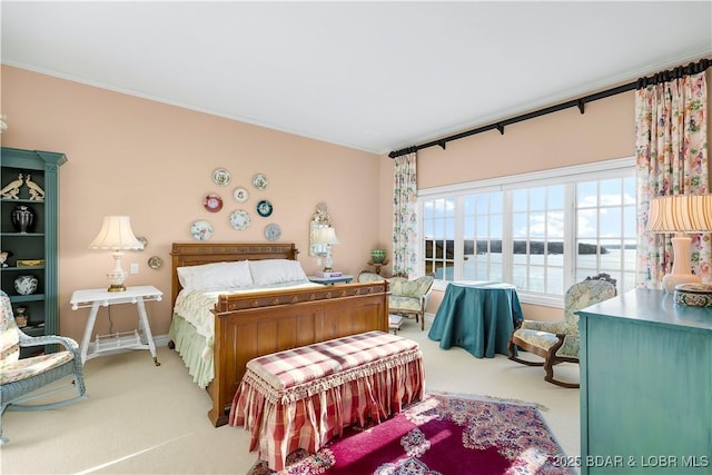 carpeted bedroom featuring a water view