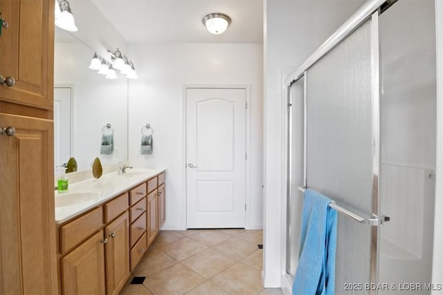 1205 Lands End Pkwy Unit 533, Osage Beach, MO 65065 - bathroom featuring double vanity, a shower stall, and tile patterned flooring