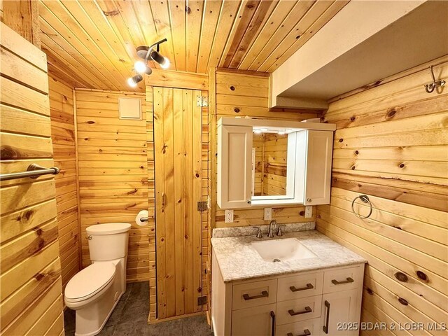 21 Ke Jo Point Rd, Gravois Mills, MO 65037 - bathroom with wood walls, wood ceiling, and vanity