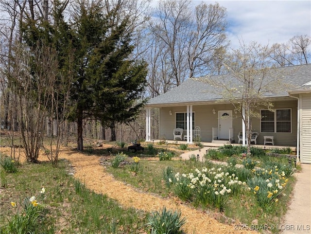 view of front of property with covered porch and a shingled roof