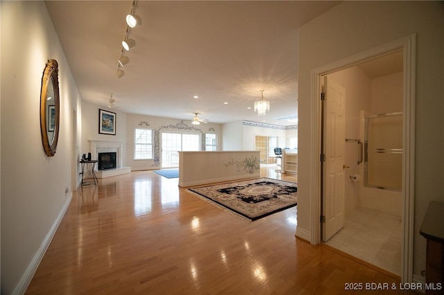 393 Crystal Springs Rd, Linn Creek, MO 65052 - hallway with light wood-style floors, track lighting, and a chandelier