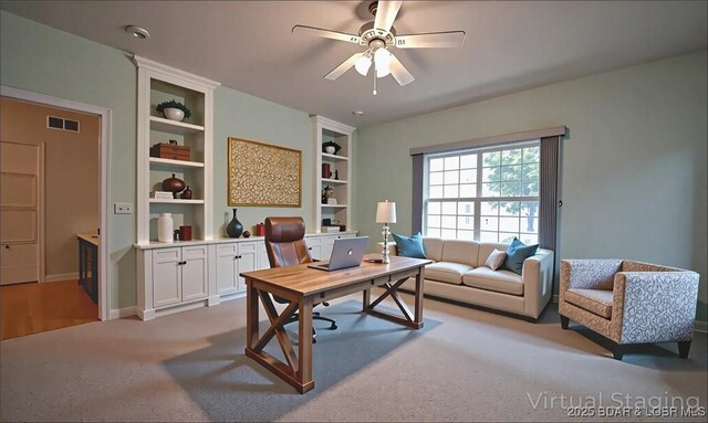 393 Crystal Springs Rd, Linn Creek, MO 65052 - home office featuring ceiling fan, light carpet, and built in features