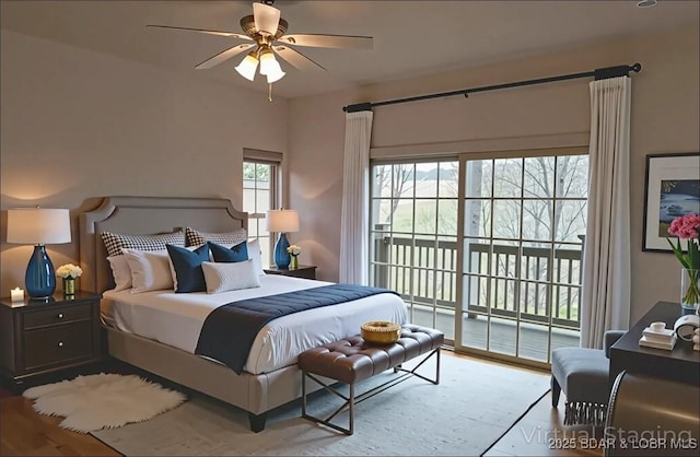 393 Crystal Springs Rd, Linn Creek, MO 65052 - bedroom with access to outside, wood finished floors, and a ceiling fan