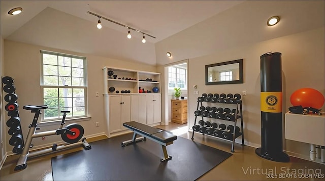 393 Crystal Springs Rd, Linn Creek, MO 65052 - exercise area with track lighting and vaulted ceiling