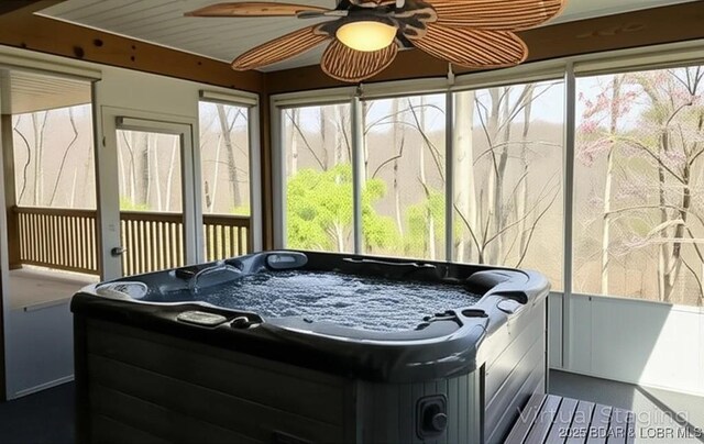 393 Crystal Springs Rd, Linn Creek, MO 65052 - sunroom featuring ceiling fan and a hot tub