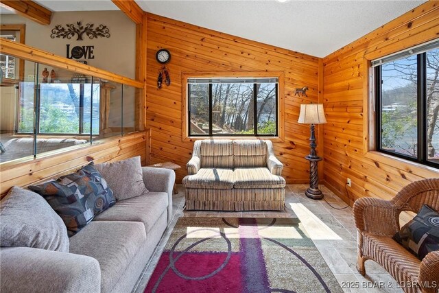 32785 Dixie Dr, Gravois Mills, MO 65037 - living room featuring wood walls