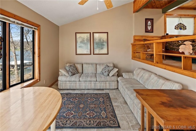 32785 Dixie Dr, Gravois Mills, MO 65037 - tiled living area with lofted ceiling and ceiling fan