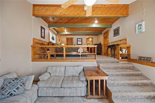 32785 Dixie Dr, Gravois Mills, MO 65037 - living area featuring wood ceiling with exposed beams and ceiling fan