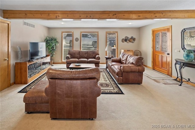 32785 Dixie Dr, Gravois Mills, MO 65037 - carpeted living area with beamed ceiling, plenty of natural light, and baseboards