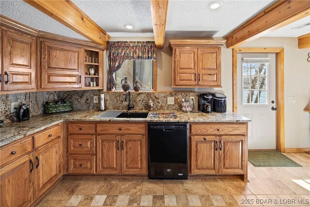 32785 Dixie Dr, Gravois Mills, MO 65037 - kitchen with dishwasher, a sink, beamed ceiling, backsplash, and a textured ceiling