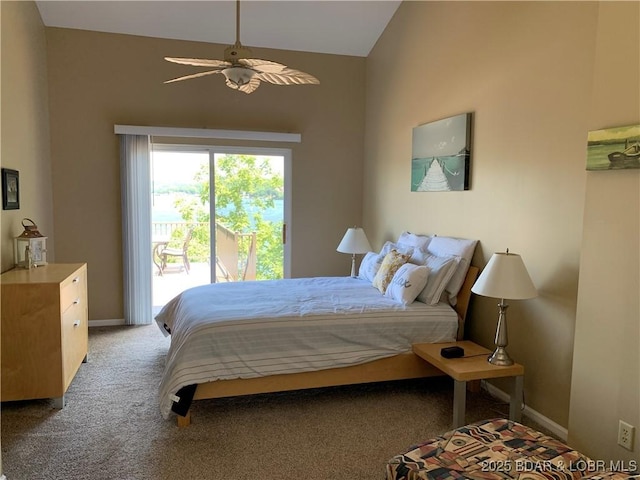 28783 Morgan Hills Rd, Gravois Mills, MO 65037 - bedroom with carpet floors, baseboards, a ceiling fan, and lofted ceiling
