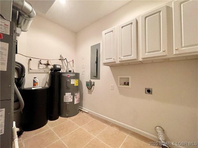 1148 Sweetwater Dr, Four Seasons, MO 65049 - laundry room featuring electric panel, electric dryer hookup, cabinet space, baseboards, and electric water heater