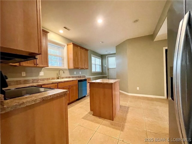 1148 Sweetwater Dr, Four Seasons, MO 65049 - kitchen with visible vents, light tile patterned flooring, a center island, a sink, and dishwasher