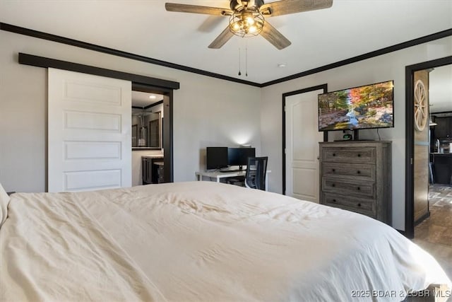 bedroom with crown molding and a ceiling fan